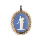 WEDGWOOD, A JASPERWARE AND SEED PEARL PENDANT