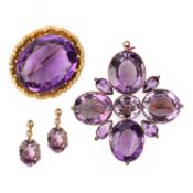 TWO AMETHYST BROOCHES AND A PAIR OF AMETHYST EARRINGS, 19TH CENTURY AND LATER,