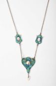 Gourdel Vales and Co. An Arts and Crafts silver, enamel, and pearl necklace, 1908