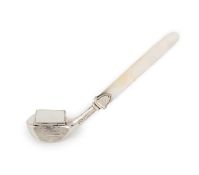 An Edwardian novelty silver and mother-of-pearl golf club stamp case and letter knife,