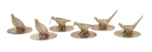 A matched set of six novelty silver-gilt game bird menu card holders,