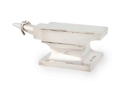 A Victorian novelty silver anvil inkwell and stamp box,
