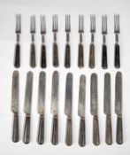 NINE PAIRS OF LATE GEORGE III KNIVES AND FORKS