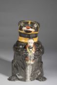 A PEARLWARE BEAR JUG AND COVER