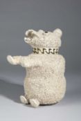 A STAFFORDSHIRE WHITE SALT-GLAZED STONEWARE BEAR JUG AND COVER