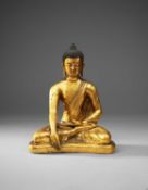 A RARE AND INSCRIBED TIBETAN GILT-COPPER ALLOY FIGURE OF THE CONFESSION BUDDHA, CANDANASHRI