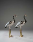 A PAIR OF CHINESE CLOISONNE ENAMEL FIGURES OF CRANES