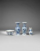 TWO CHINESE BLUE AND WHITE VASES, A TANKARD AND A BOWL
