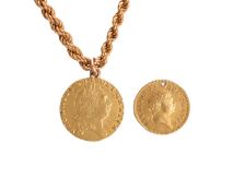 George III, gold guinea on chain and half guinea