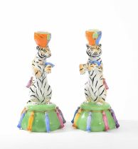 Lynn Chase (1948-2025) for Hollóháza, Tiger Raj, a pair of porcelain candlesticks, 1994