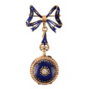 A LATE 19TH CENTURY ENAMEL, DIAMOND AND SEED-PEARL FOB WATCH