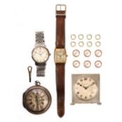 A COLLECTION OF THREE WATCHES, A CLOCK, AND A CASED SET OF BUTTONS