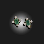 A PAIR OF EMERALD AND DIAMOND EARCLIPS
