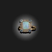 AN OPAL, AQUAMARINE AND DIAMOND CLUSTER RING, EARLY 20TH CENTURY