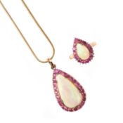 AN OPAL AND RUBY PENDANT AND MATCHING RING,