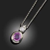 BOODLE & DUNTHORNE, A PINK SAPPHIRE AND DIAMOND PENDANT NECKLACE, C2001