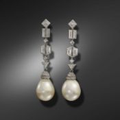 A PAIR OF ART DECO NATURAL PEARL AND DIAMOND DROP EARRINGS