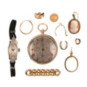 A COLLECTION OF GOLD JEWELLERY, A POCKET WATCH AND A COCKTAIL WATCH