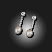 A PAIR OF PEARL AND DIAMOND DROP EARRINGS