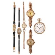 A COLLECTION OF FIVE WRISTWATCHES AND A POCKET WATCH