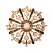 A CULTURED PEARL, ENAMEL AND DIAMOND BROOCH