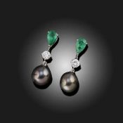 A PAIR OF CULTURED PEARL EMERALD AND DIAMOND DROP EARRINGS