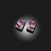 A PAIR OF TUTTI FRUTTI STYLE RUBY AND DIAMOND EARRINGS