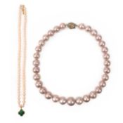 A CULTURED PEARL AND DIAMOND NECKLACE AND A CULTURED PEARL AND MALACHITE NECKLACE