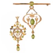 TWO SEED PEARL AND PERIDOT BROOCHES