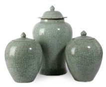 THREE CHINESE CELADON CRACKLE GLAZE JARS AND COVERS