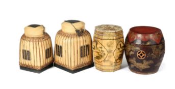 TWO SOUTH EAST ASIAN LACQUER AND BAMBOO BOUND CANISTERS AND COVERS