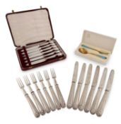 A matched set of six silver Shell & Thread pattern fruit knives and forks,