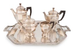 By Christofle, a French four-piece electroplated tea and coffee set on a tray,