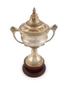 A silver replica motoring trophy cup and cover,