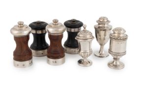 Two pairs of silver-mounted wooden salt and pepper grinders,