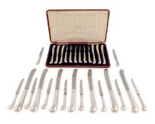 A collection of antique silver pistol grip knives,