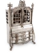 An early 20th-century Dutch silver miniature bureau bookcase