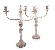 A pair of 19th century old Sheffield plated three-light candelabra,