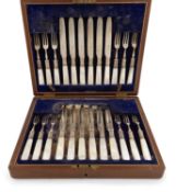 A cased set of twelve silver and mother-of-pearl handled fruit knives and forks,