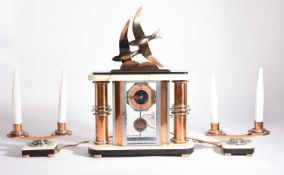 Art Deco, French, A chrome and copper clock garniture