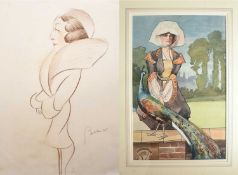 Bela Kadar (1877-1956) Caricature of a woman in fur coat and hat
