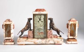 Art Deco, French, A marble and onyx clock garniture