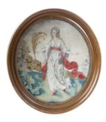 A GEORGE III SILKWORK NEEDLEWORK OVAL PICTURE