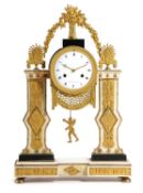 A FINE FRENCH DIRECTOIRE MARBLE AND ORMOLU BRONZE TEMPLE OR PORTICO MANTEL CLOCK