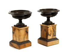 A PAIR OF FRENCH RESTAURATION BRONZE AND SIENA MARBLE GRAND TOUR TAZZAS