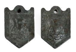 A PAIR OF GEORGE III BRONZE 14LB WOOL WEIGHTS