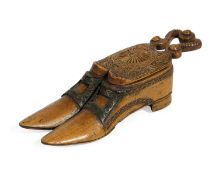 A TREEN BOXWOOD DOUBLE SHOE SNUFF BOX