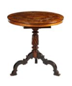 A VICTORIAN IRISH WALNUT AND MARQUETRY TRIPOD TABLE