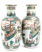 A PAIR OF CHINESE FAMILLE VERTE ROULEAU VASES