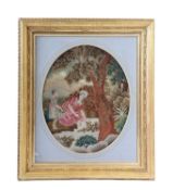 A GEORGE III SILKWORK NEEDLEWORK OVAL PICTURE